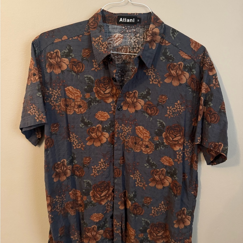 Men's Casual Floral Button Down Shirt - Blue and Brown
